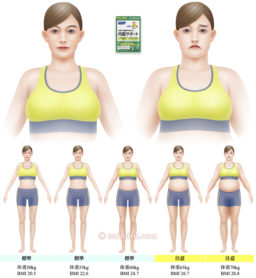 ５０代女性のダイエット、ビフォー＆アフターイラストと体重、BMIの数値
